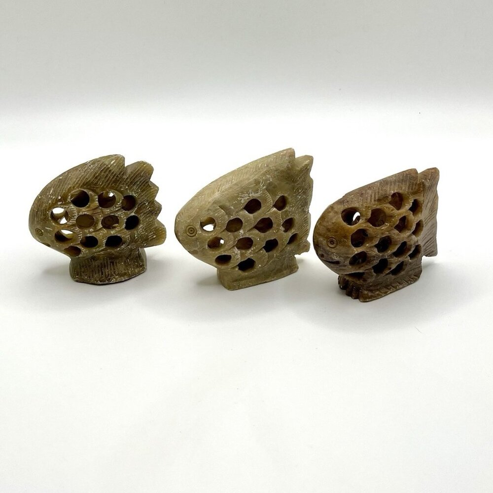 Vintage Hand Carved Indian Soapstone Jali Fish Sculptures w/ Inner Figurine Boho